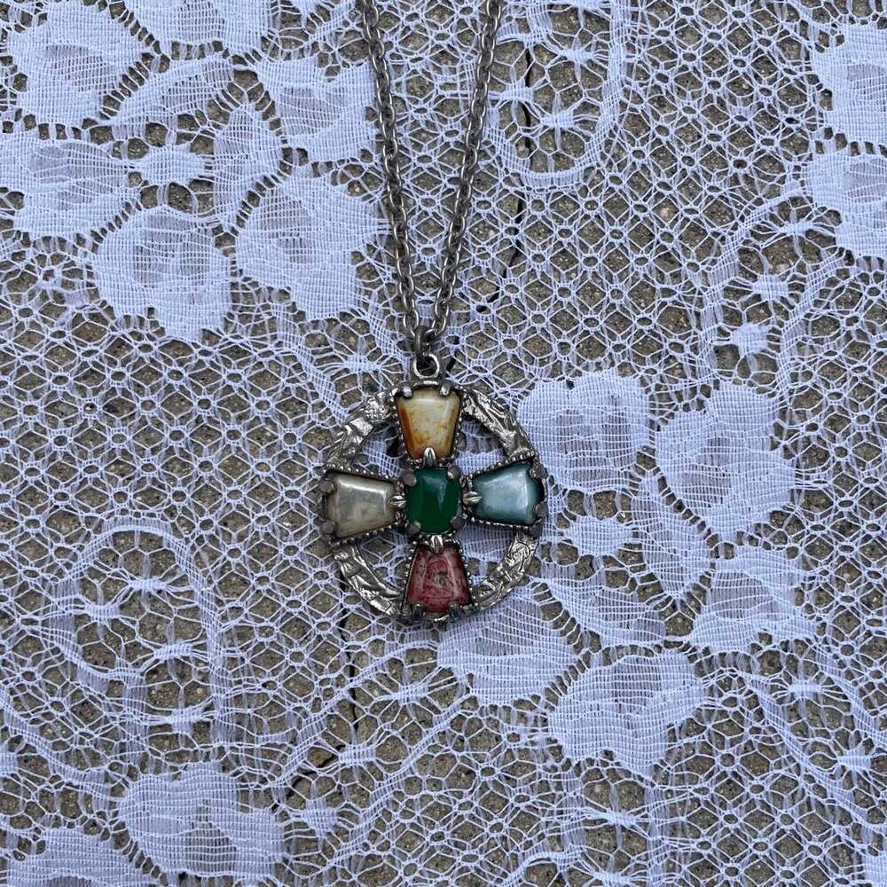 Vintage Style Multicolored Stone Cross Pendant Necklace
